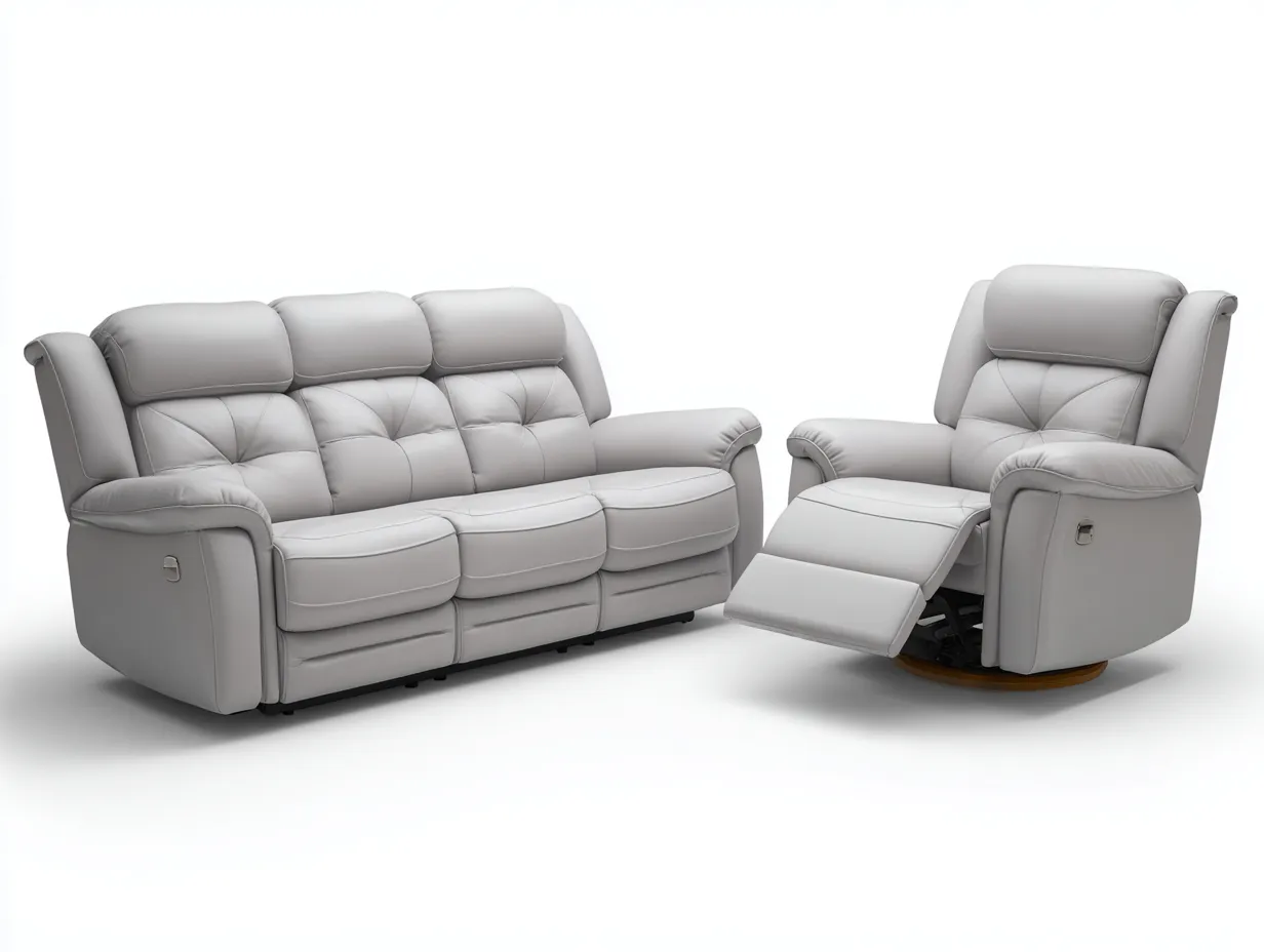 Divano 3 posti 205×95×100 cm e poltrona reclinabile 95×95×100 cm in pelle sintetica – grigio chiaro – stile moderno con funzione relax-Havenoliq