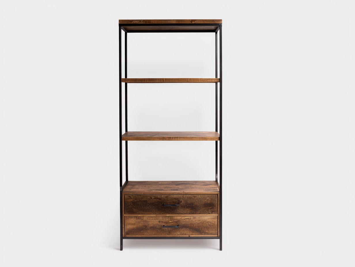 Libreria alta in stile industriale 70×35×180 cm – colore legno scuro/nero – con ripiani aperti e cassetti-Havenoliq