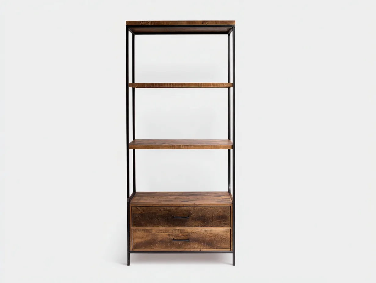 Libreria alta in stile industriale 70×35×180 cm – colore legno scuro/nero – con ripiani aperti e cassetti-Havenoliq