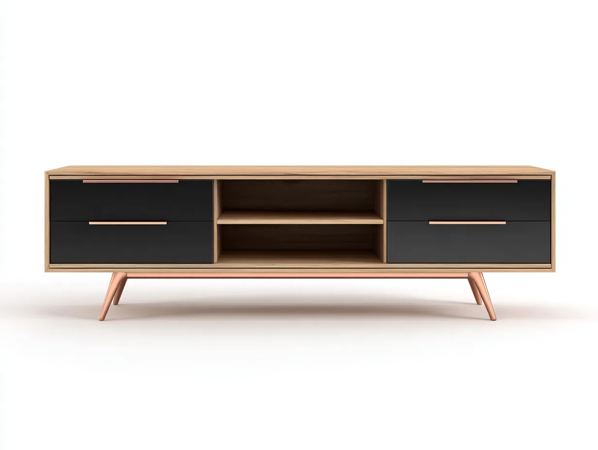 Mobile TV in legno 150×40×55 cm – rovere e nero – con spazio contenitore-Havenoliq