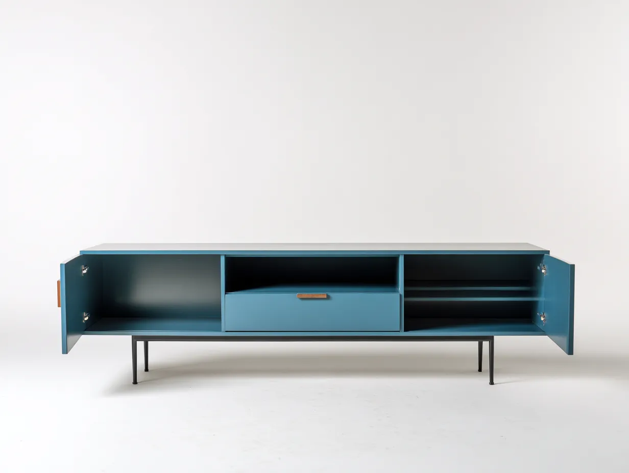 Mobile TV in legno 170×40×55 cm – blu acciaio e nero – con spazio contenitore-Havenoliq