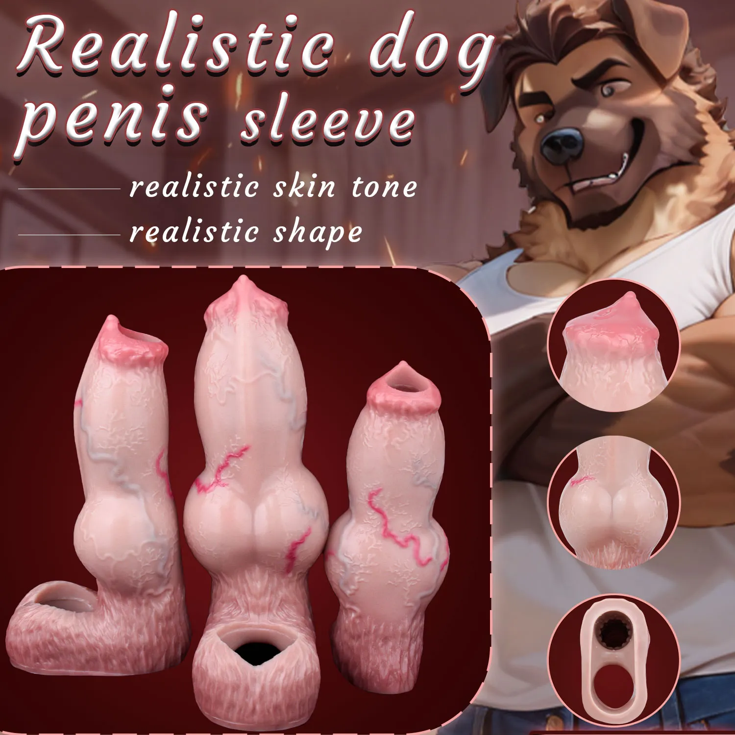 Kai Realistic Dog Penis Sleeve for Men, 3 Sizes, Platinum Silicone, Enhancing & Delay Ejaculation
