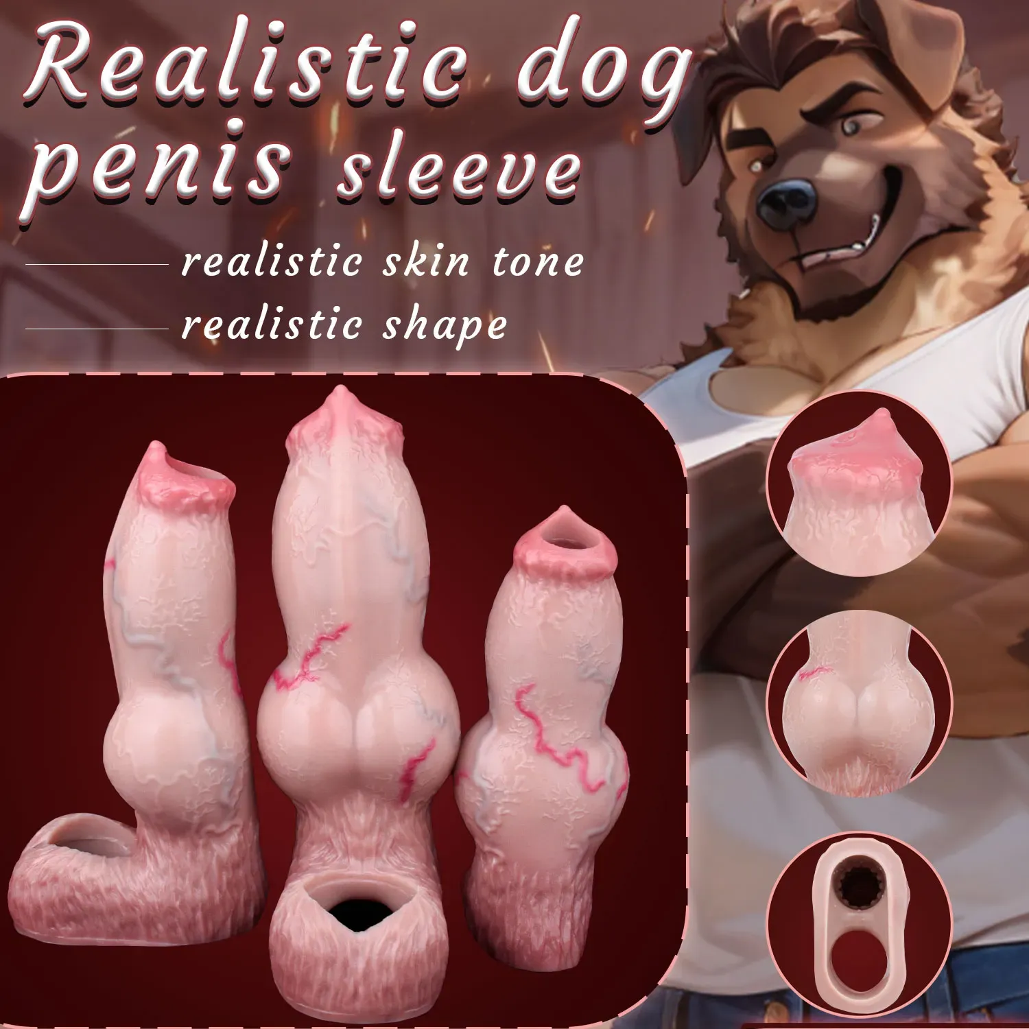 Kai Realistic Dog Penis Sleeve for Men, 3 Sizes, Platinum Silicone, Enhancing & Delay Ejaculation