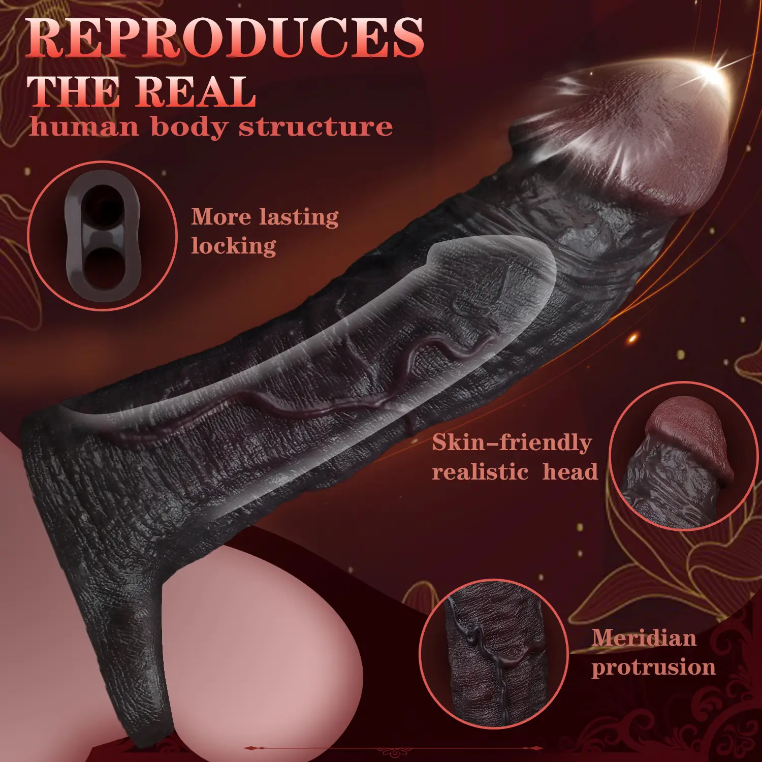 Jay 8.8"×2.2" Black Realistic Penis Extender, Huge Silicone Penis Sleeve