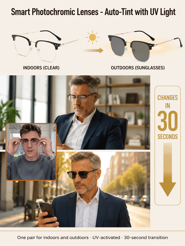 [No Eye Exam Required] Retro-Style Smart Zoom Photochromic Reading Glasses【It also features photochromic properties, blue light protection, and fatigue reduction!】
