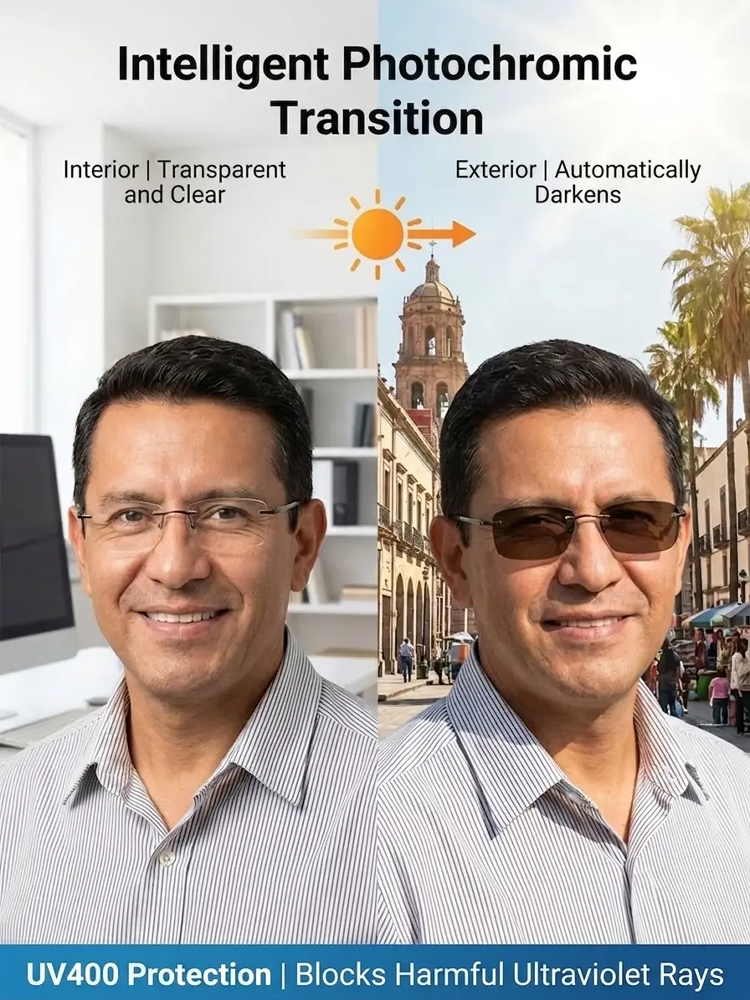 Diamond-cut rimless anti-blue light color-changing glasses，No more eye tests: Autofocus technology automatically adjusts to your eyesight.