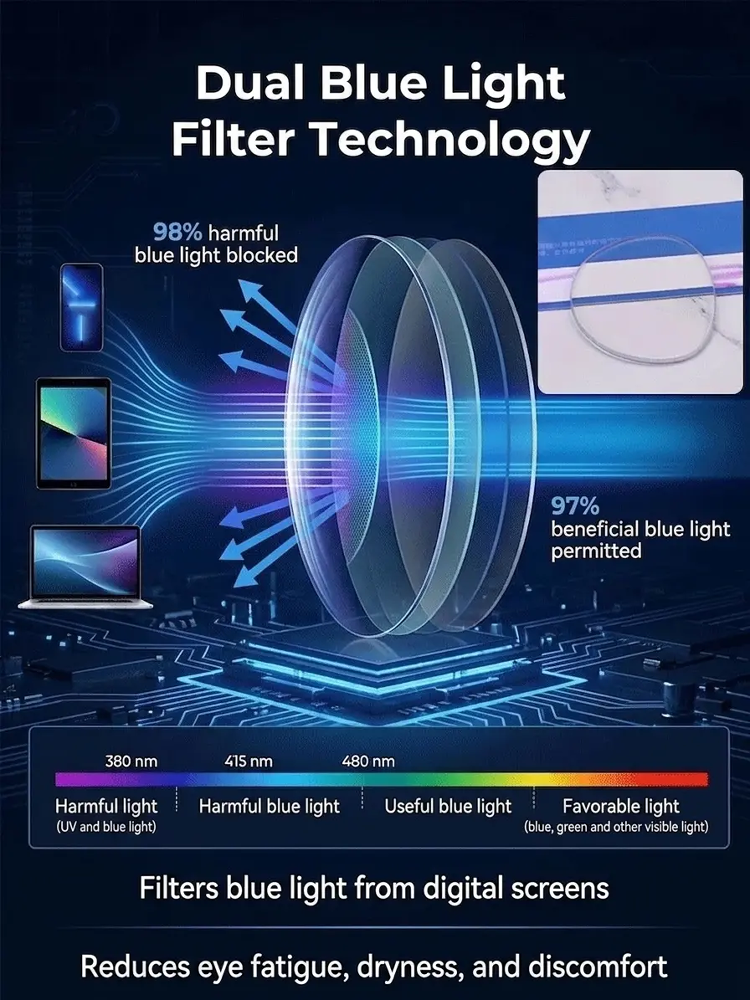 Diamond-cut rimless anti-blue light color-changing glasses，No more eye tests: Autofocus technology automatically adjusts to your eyesight.