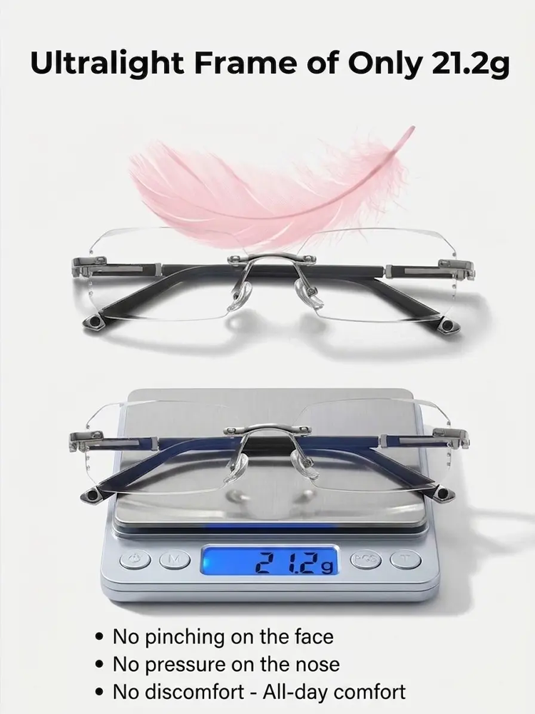 Diamond-cut rimless anti-blue light color-changing glasses，No more eye tests: Autofocus technology automatically adjusts to your eyesight.