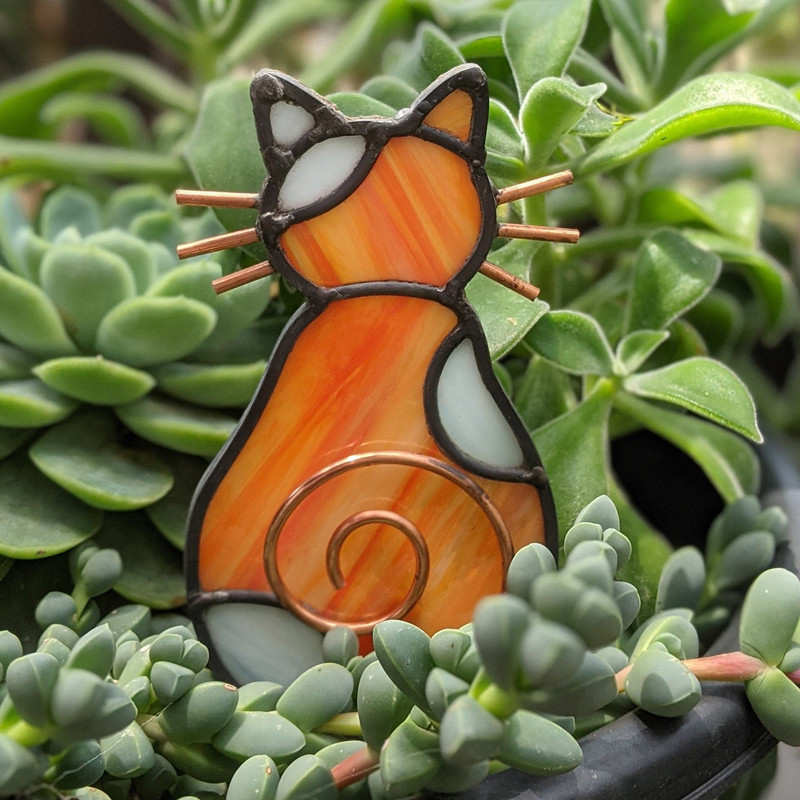 Handmade Standing stained glass cat Potted Purrs