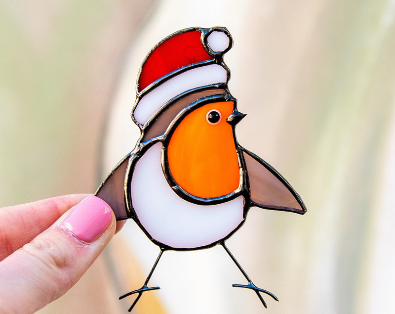 Handcraft Stained Glass Christmas robin