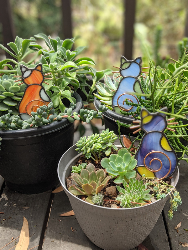 Handmade Standing stained glass cat Potted Purrs