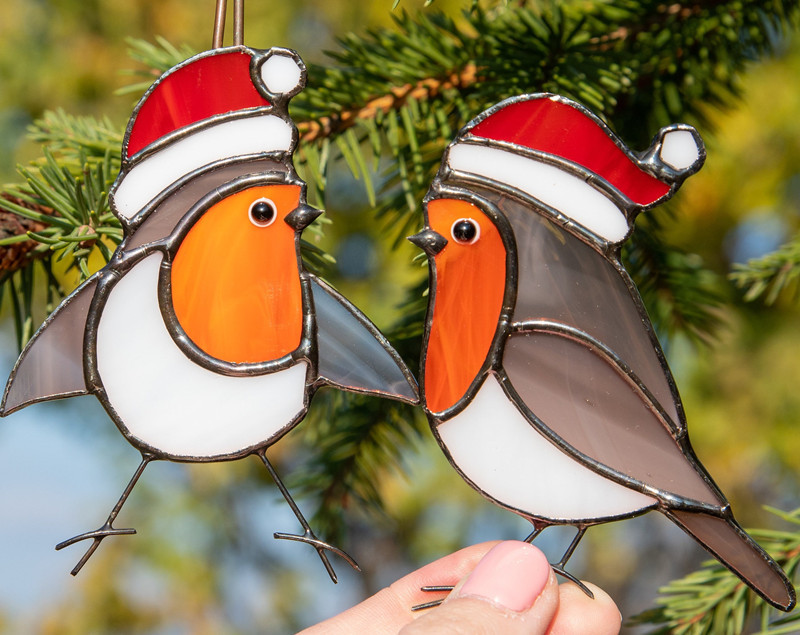Handcraft Stained Glass Christmas robin