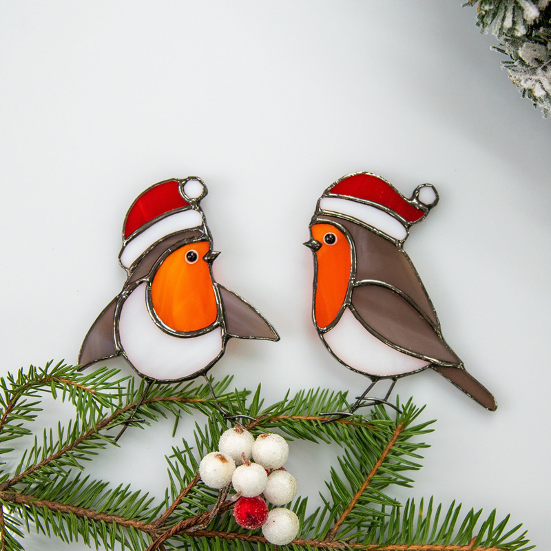 Handcraft Stained Glass Christmas robin