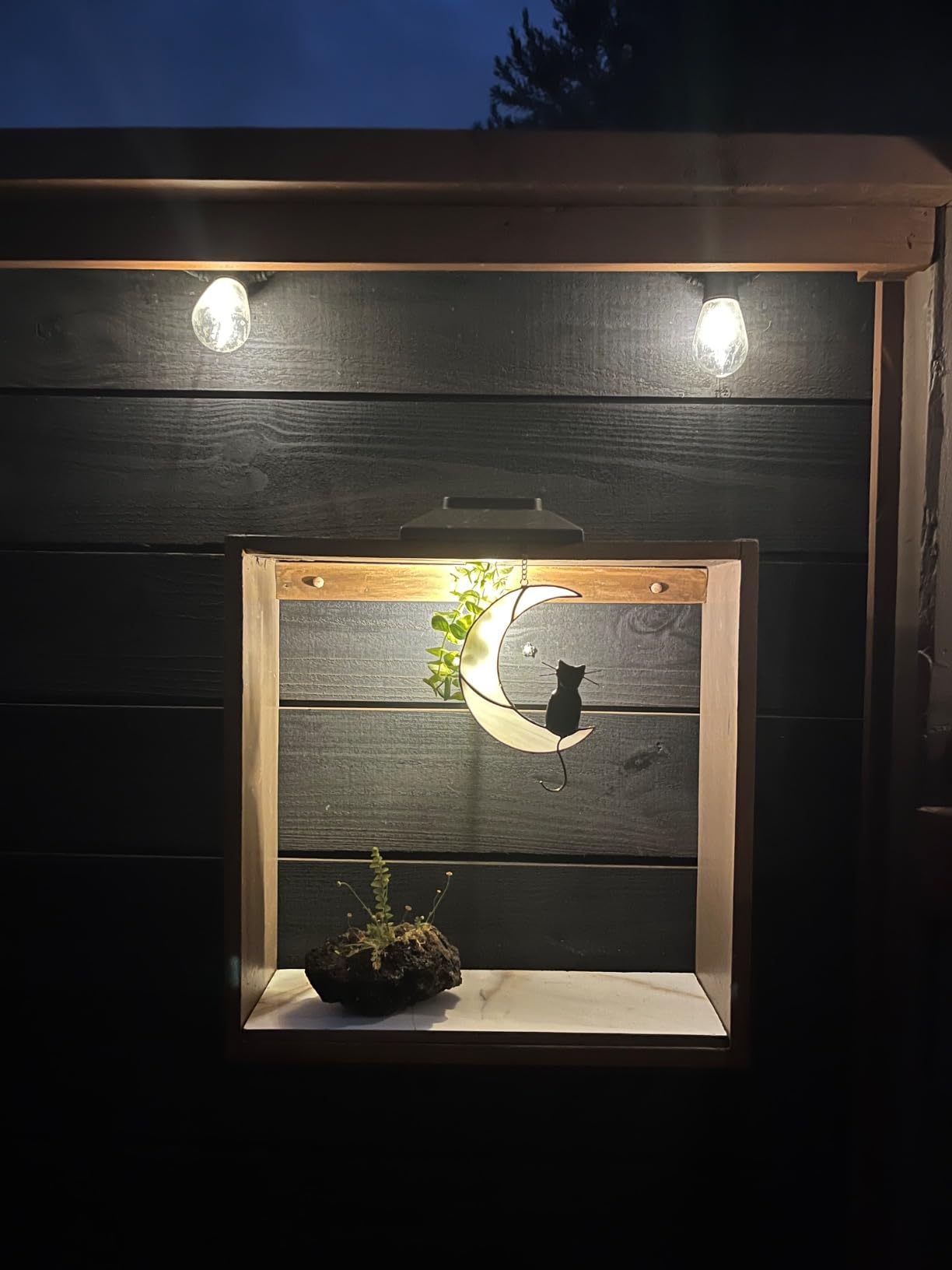 Black Cat Decor On White Moon Stained Glass