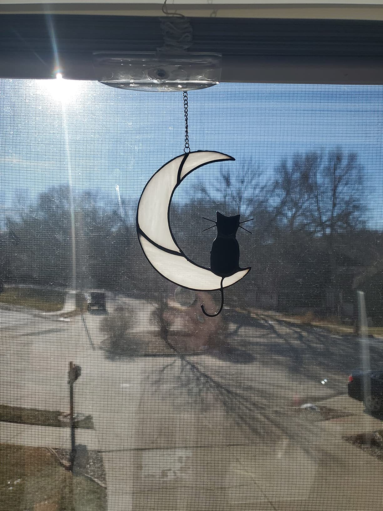 Black Cat Decor On White Moon Stained Glass
