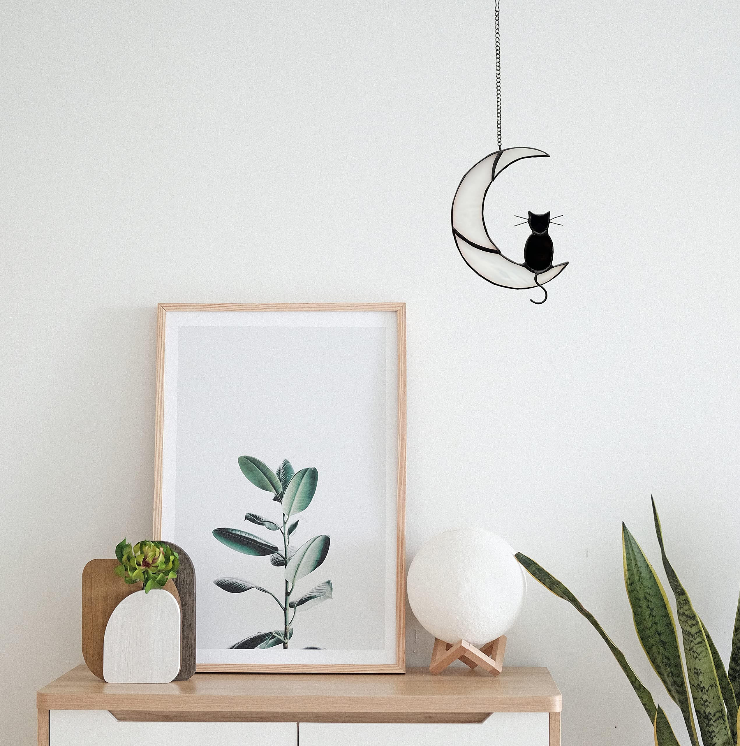 Black Cat Decor On White Moon Stained Glass