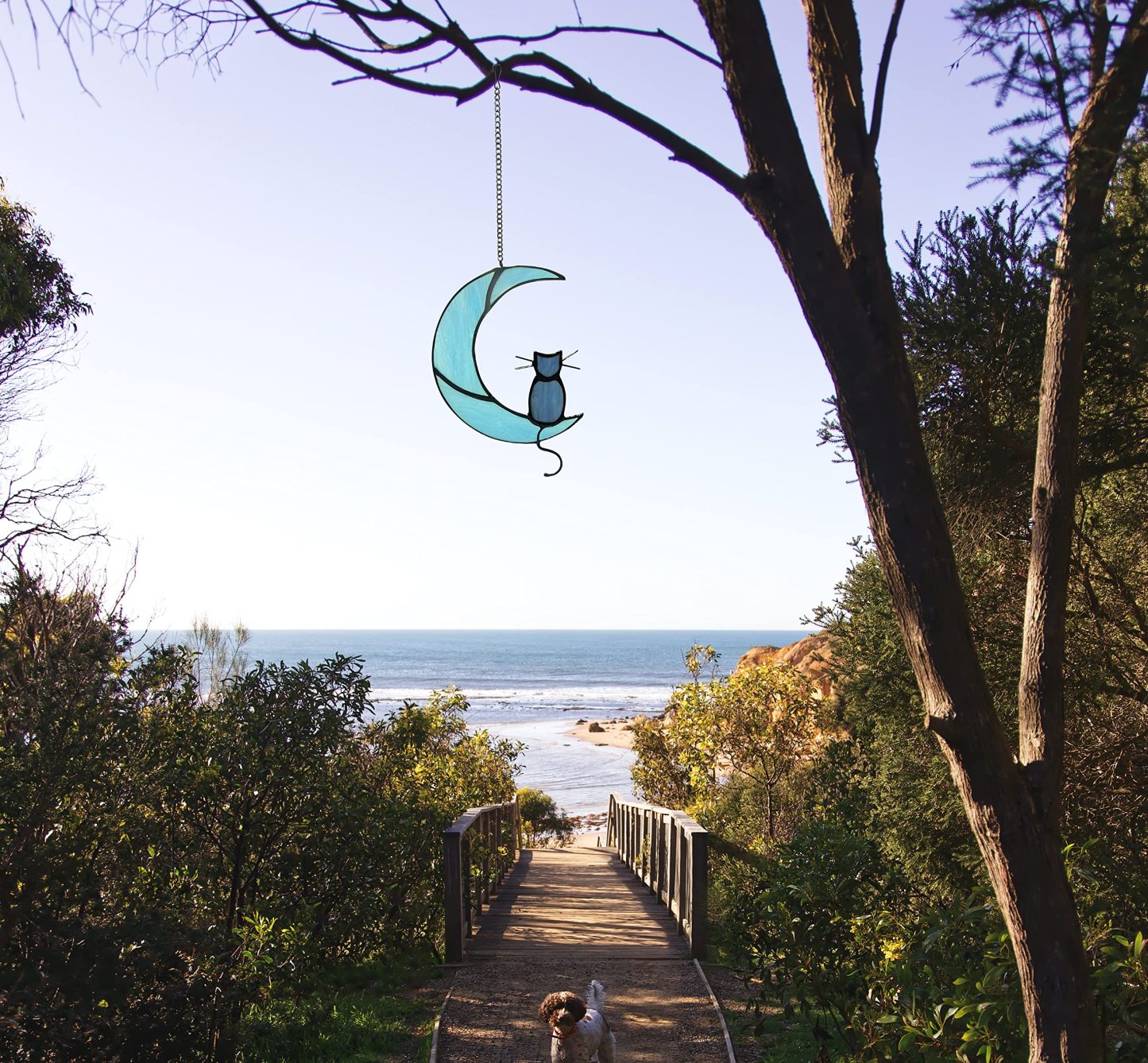 Black Cat Decor On White Moon Stained Glass