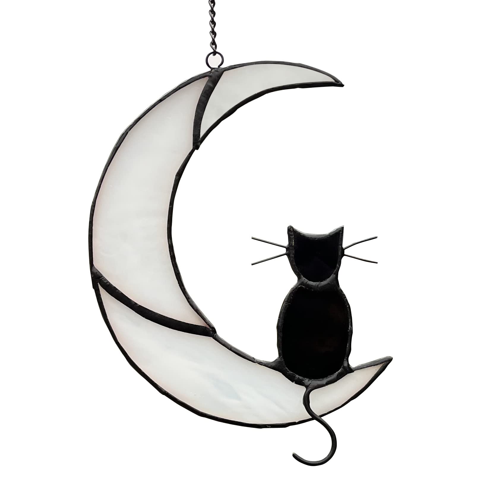 Black Cat Decor On White Moon Stained Glass