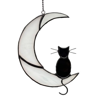 Black Cat Decor On White Moon Stained Glass