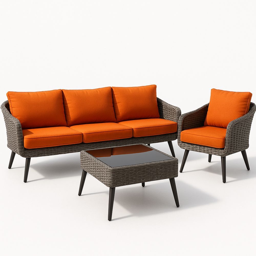 Polyrattan Gartenmöbel Set Grau/Orange Sofa und Sessel mit Tisch