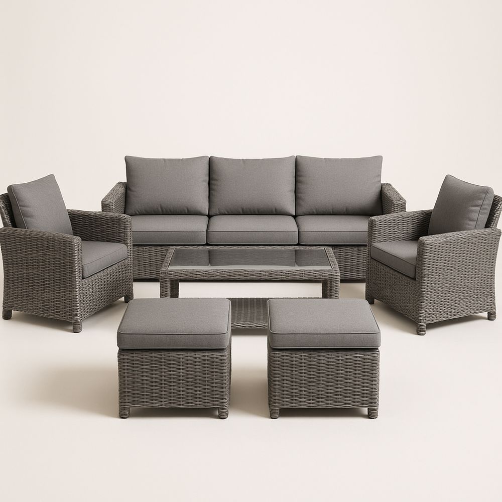 Gartenmöbel Lounge Set Polyethylen Rattan mit Glas und Polyester Kissen grau