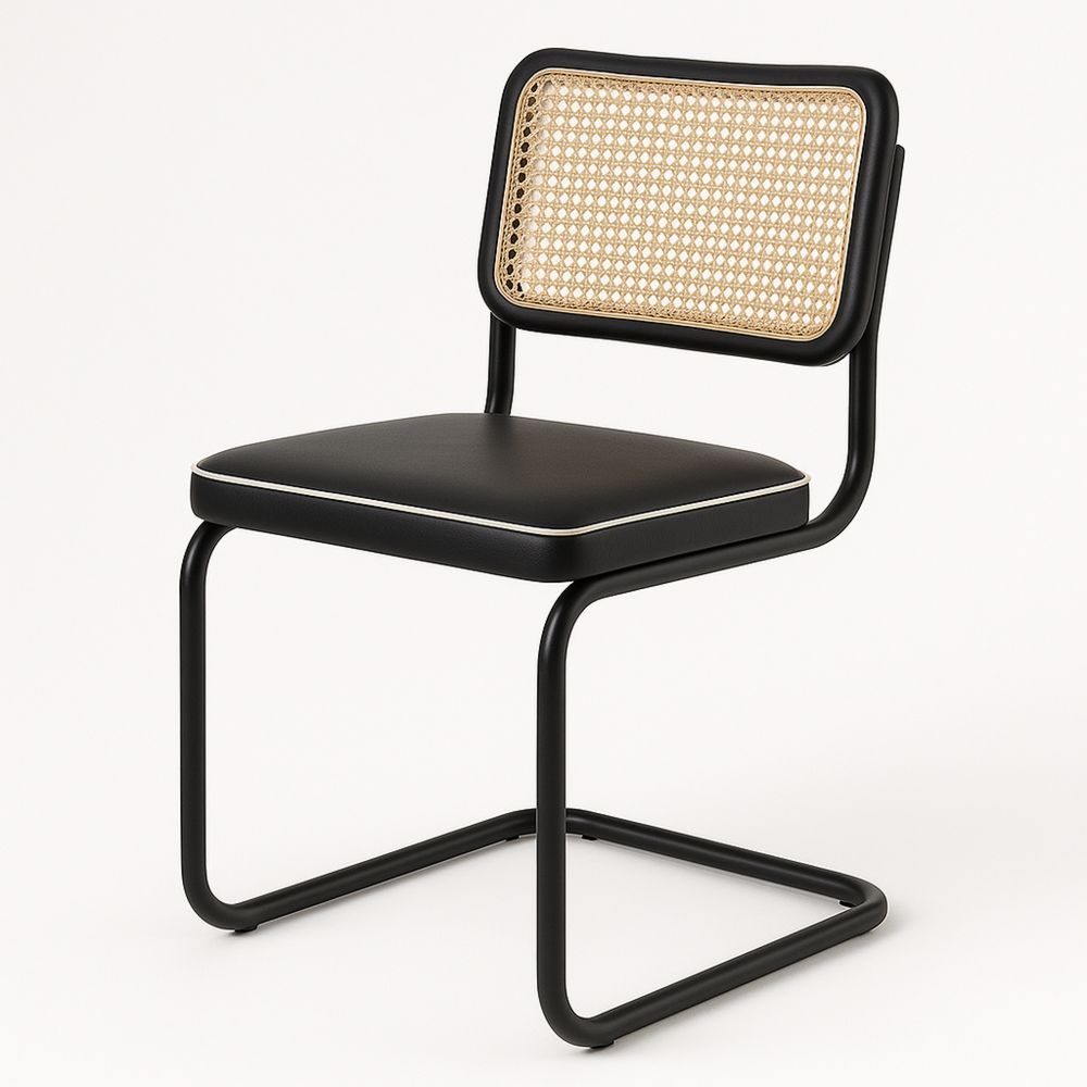 Esszimmerstuhl aus Kunstleder mit Metallrahmen, Schwarz und Naturgeflecht, 55 x 45 x 85 cm