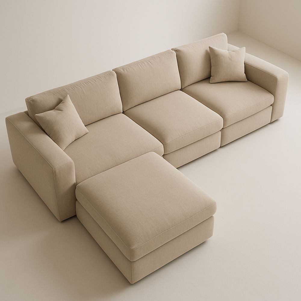 Beiges Ecksofa mit Polyesterbezug und Ottomane