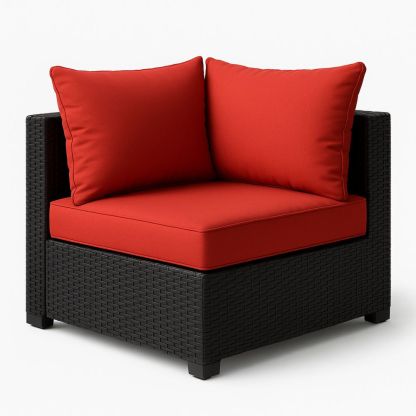 Ecksofa aus PE-Rattan mit roten Stoffkissen