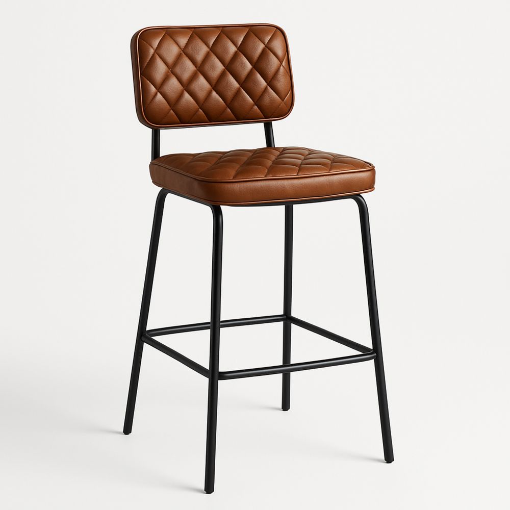 Barhocker mit schwarzem Metallrahmen und braunem Kunstledersitz