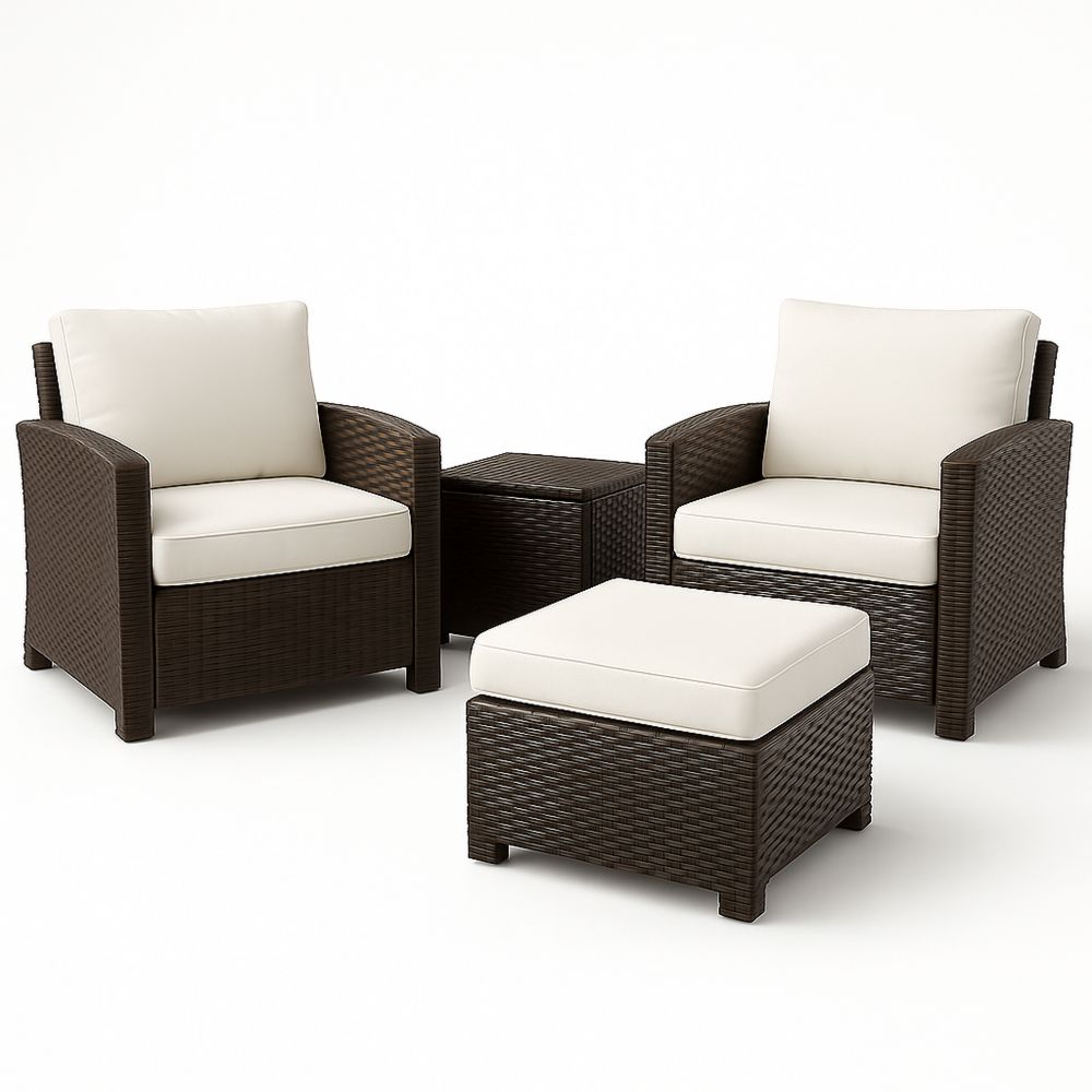 4 teiliges Gartenmöbel Set aus Polyrattan Braun mit Creme Kissen