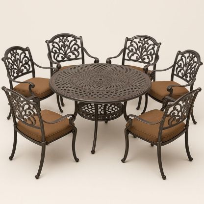 7 teiliges Garten Esszimmer Set aus Metall mit rundem Tisch und 6 Sesseln Braun