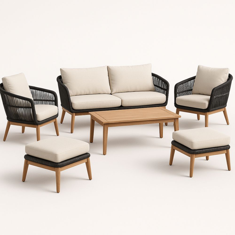 6-teiliges Gartenmöbel-Set Holz Polyethylengeflecht Beige/Schwarz