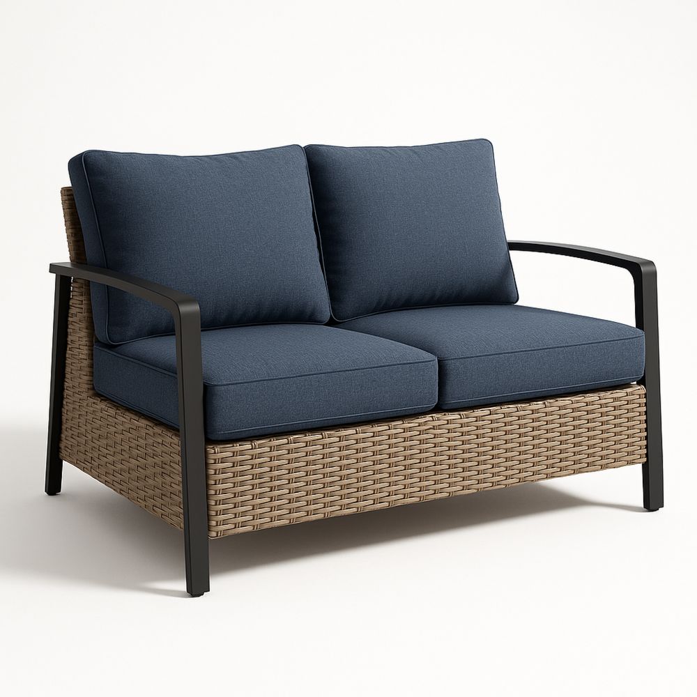 Rattan Zweisitzersofa mit Aluminiumrahmen und blauen Polyesterkissen