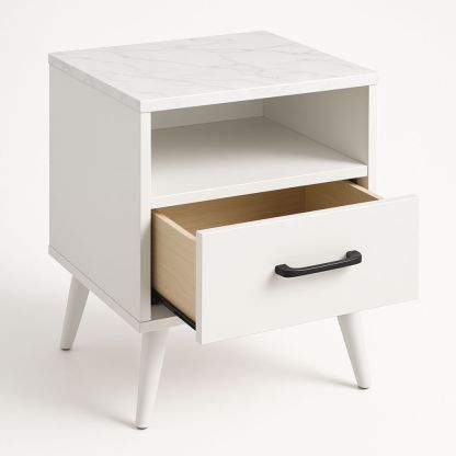 Nachttisch mit Schublade Holzspanplatte Marmoroptik Weiss 48x40x58cm