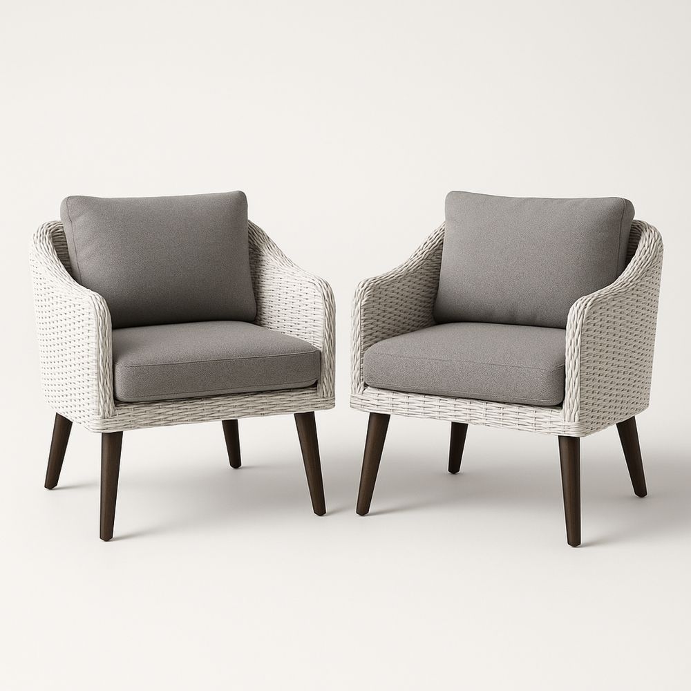 2er Set Gartenstühle Polyethylen Geflecht Grau Kissen Holzbeine