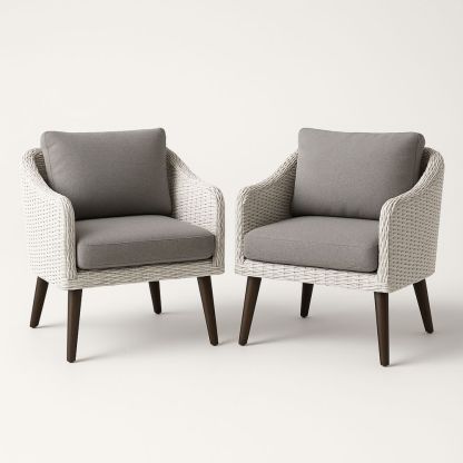 2er Set Gartenstühle Polyethylen Geflecht Grau Kissen Holzbeine