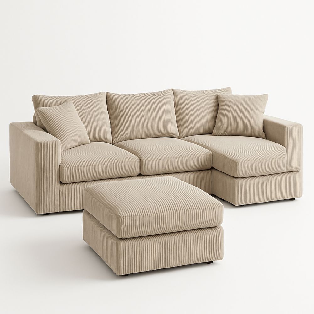 Stoff Ecksofa Set mit Ottomane Beige