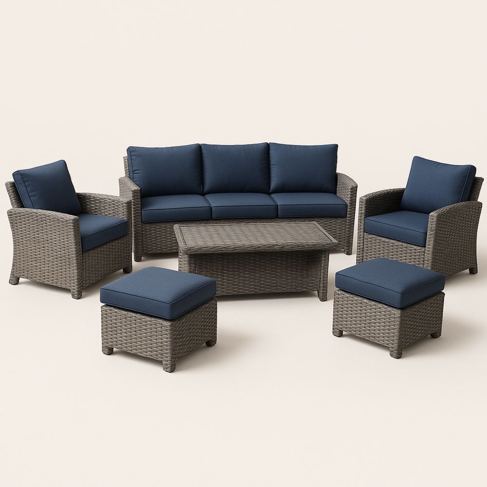 Rattan Gartenmöbel Set mit Blauem Polyesterpolster