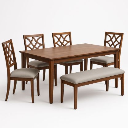 Esszimmer Set aus Holz Stühle gepolstert Sitzbank Braun Grau 6-teilig