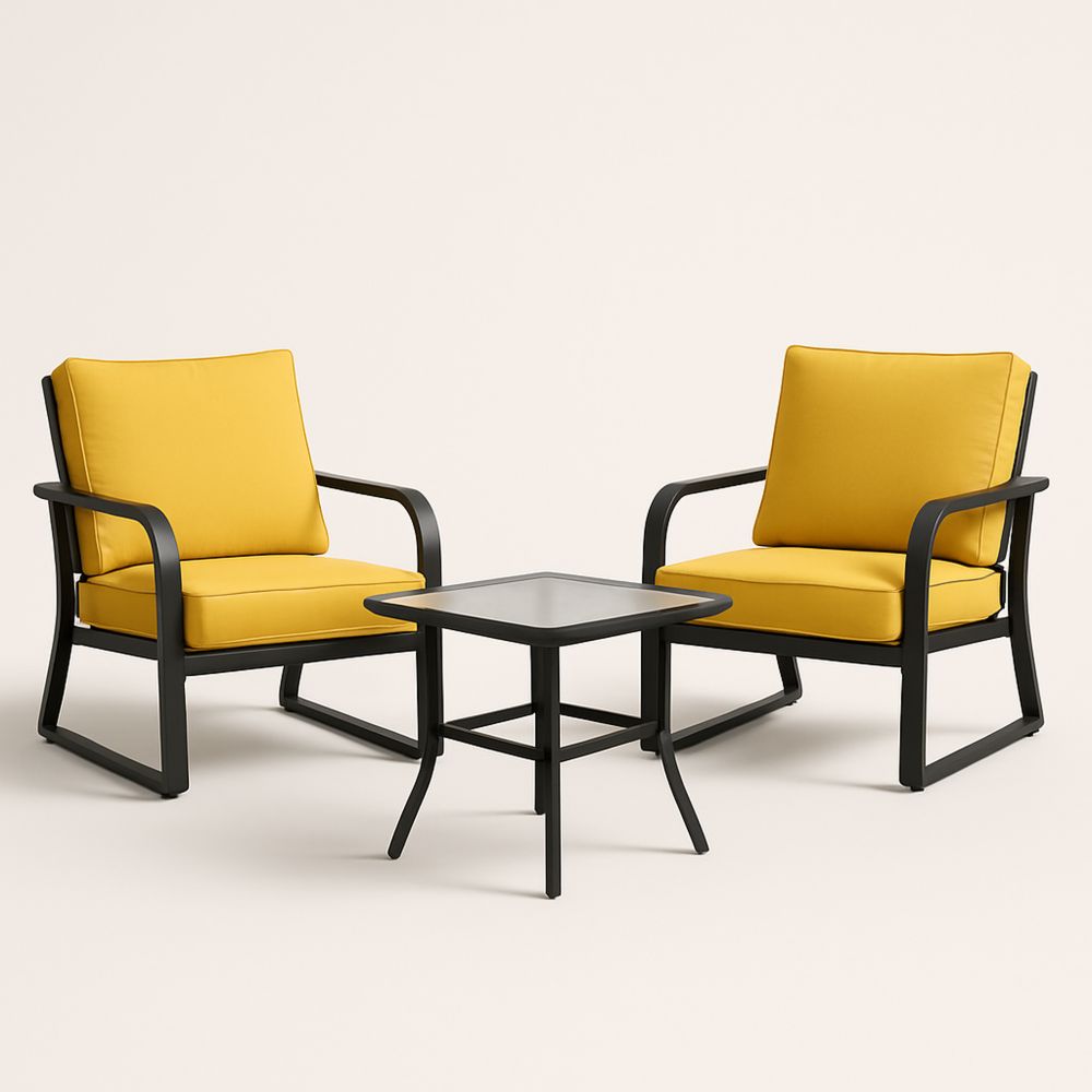 Gartenmöbel-Set aus Aluminium mit gelben Kissen und Glastisch