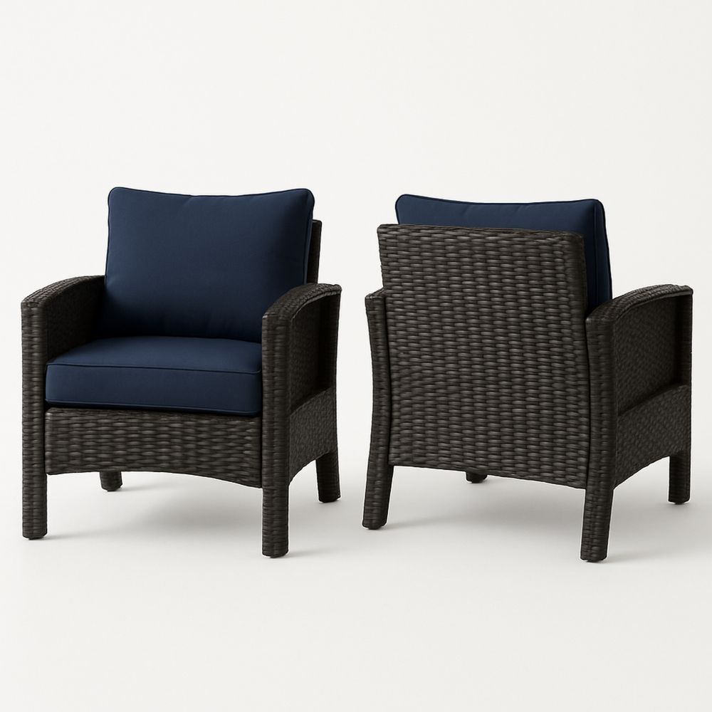 Outdoor Rattan Sessel Set Dunkelbraun Sitzkissen Blau 2er-Set