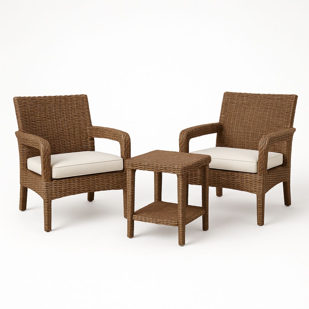 Outdoor-Set zwei Sessel Tisch Geflecht Kissen Braun Beige