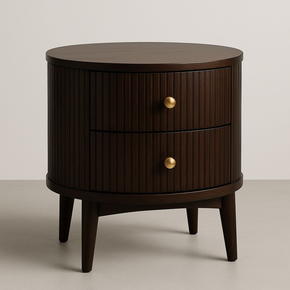 Runder Holz-Nachttisch Dunkelbraun mit 2 Schubladen
