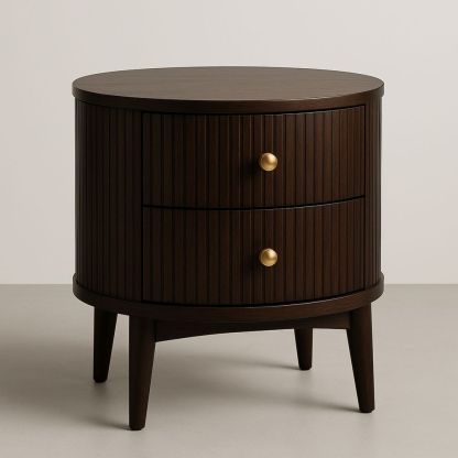 Runder Holz-Nachttisch Dunkelbraun mit 2 Schubladen