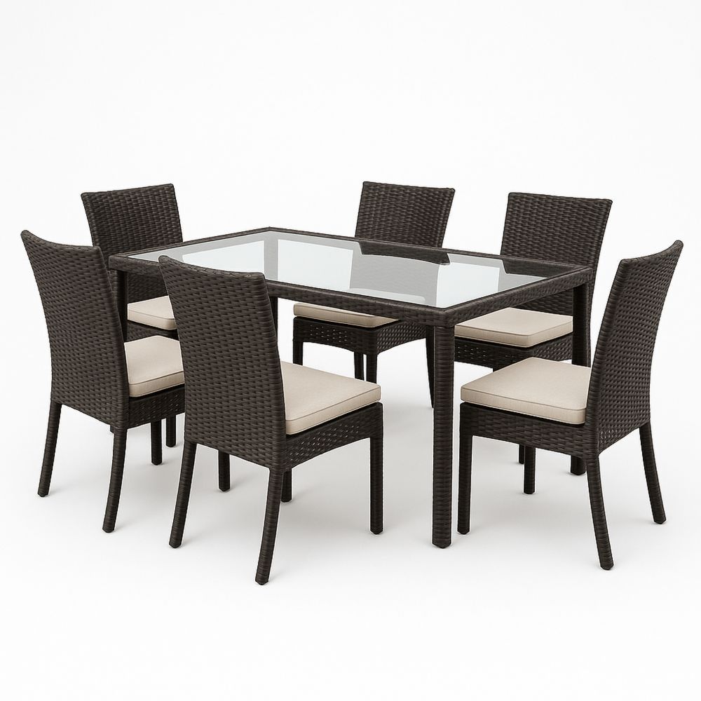 Garten Esszimmer Set aus Polyrattan mit Glastisch und 6 Stuhlen Wenge und Beige