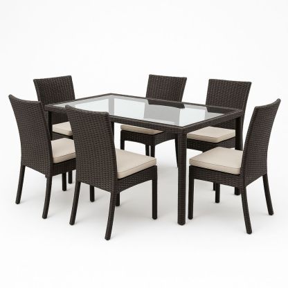 Garten Esszimmer Set aus Polyrattan mit Glastisch und 6 Stuhlen Wenge und Beige
