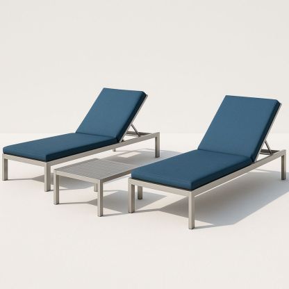 Gartenmobel Set fur draussen 2 Edelstahl Liegen mit blauen Polyesterbezug und Beistelltisch