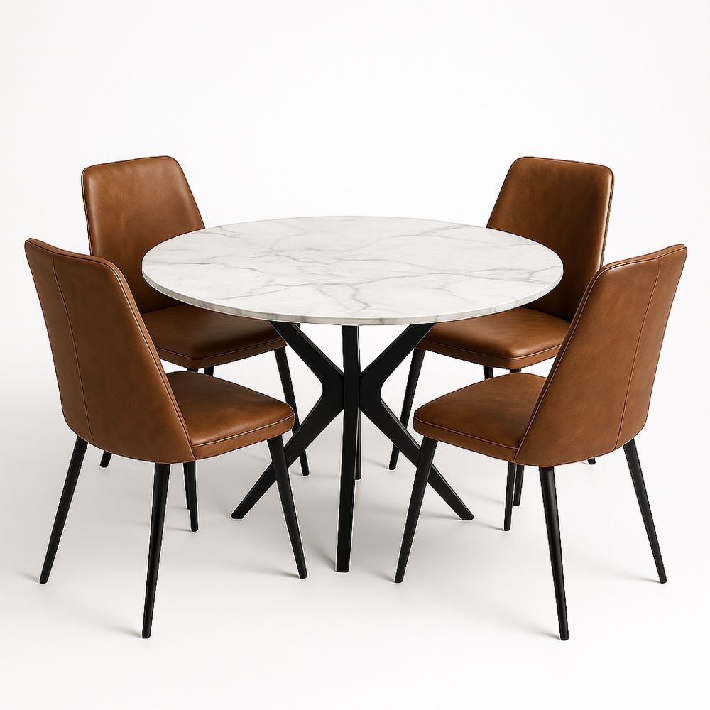 Rundes Esszimmer-Set mit Marmor-Tischplatte und Metallgestell, inklusive Ledersesseln in Braun/Weiß