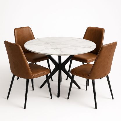 Rundes Esszimmer-Set mit Marmor-Tischplatte und Metallgestell, inklusive Ledersesseln in Braun/Weiß