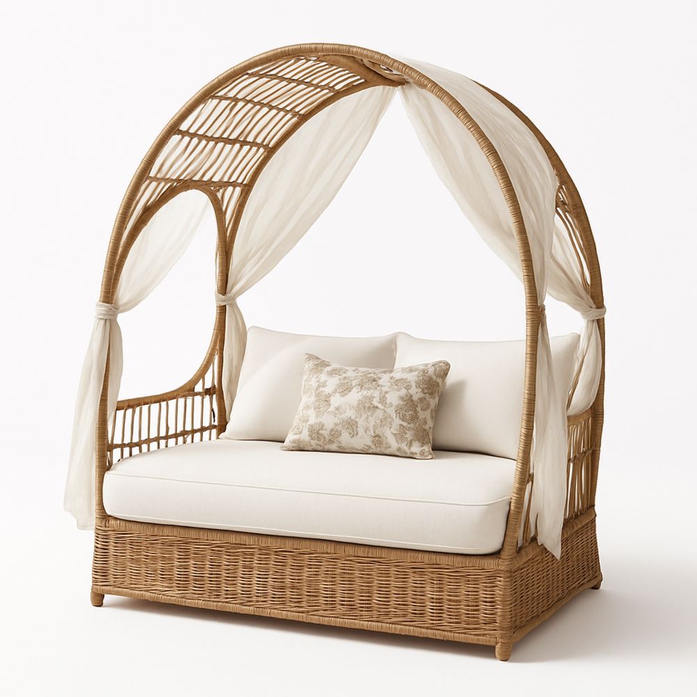 Rattan Loungesofa mit Baldachin und Kissen Beige 190x120x160cm